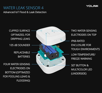 YoLink Water Leak Detector 4 with 105dB Audio Alarm, Freeze Warning, App Push, Email Alerts and Limited Text - Smart Water Sensor Alarm w/ Alexa, IFTTT - 1/4 Mile Long Range, Hub Required