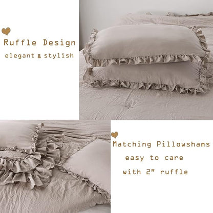 Masaca Twin Bedding Comforter Set with Ruffles,Shabby Boho Chic Taupe Farmhouse Comforter 3 Pieces (1 Kids Ruffled Comforter+2 Pillowcases) Ultra Soft Vintage French Country Bedding Sets