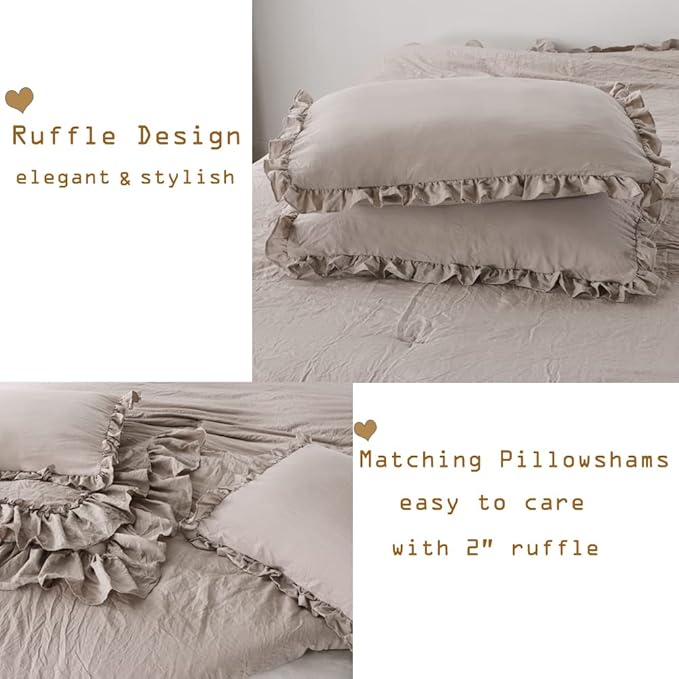 Masaca Taupe Ruffled Comforter Set for Queen Bed,3 Pieces Vintage Farmhouse Shabby Bedding Set Lightweight Ultra Soft French Country Bedding (1 Farmhouse Comforter +2 Pillowcases)
