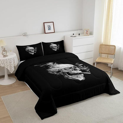 Erosebridal Smoky Skull Comforter Set King,Gray Leaves Bedding for Kids Teens Adult,Gothic Skeleton Down Comforter, Plant Tropical Botanical Bedding Comforter Sets,Luxury Soft