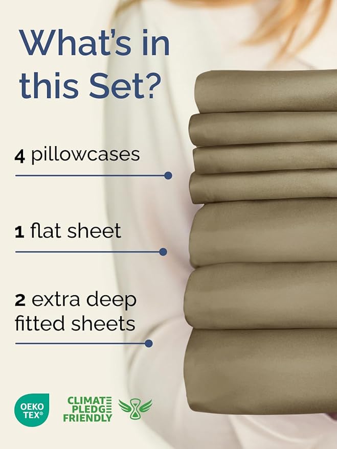 Extra Deep Split King Sheet Set - 7 Piece Breathable and Cooling Sheets - Hotel Luxury Bedding for Women, Men, Kids & Teens - Easy Secure Fit - Soft, Wrinkle Free & Comfy - Extra Deep Pockets - Khaki