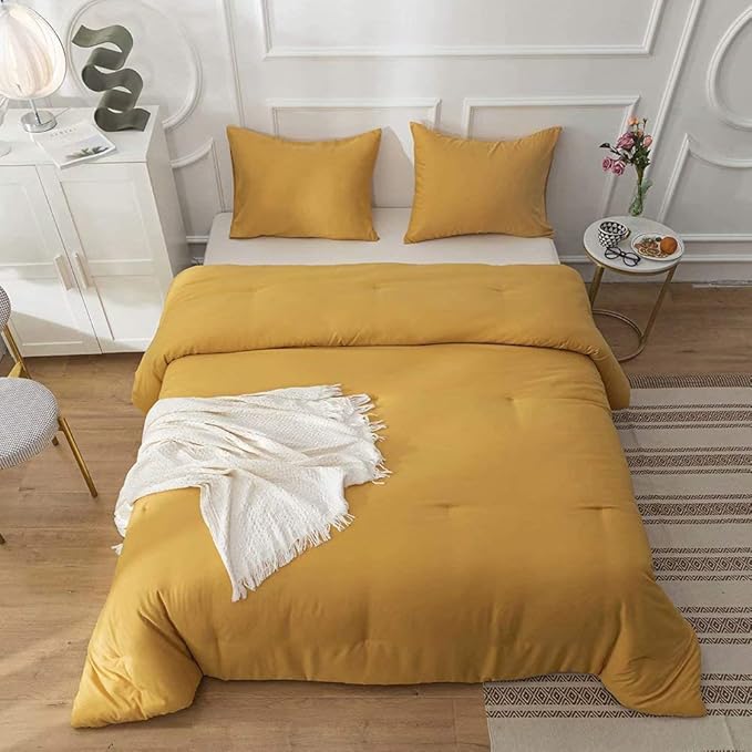Cottonight Mustard Yellow Comforter Sets Full Dark Yellow Comforter Full Lightweight Cozy Mustard Bedding Comforter Sets with Inner Fill Soft Comfy Women Men