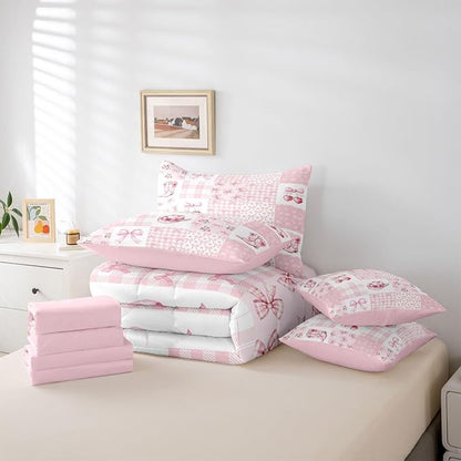 Feelyou Pink Bow Full Comforter Set with Sheets for Kids Boys Girls Cherry Prints 7 Pieces Bedding Set Cute Bowknot Bed in a Bag Kawaii Room Decor Soft Lightweight Microfiber