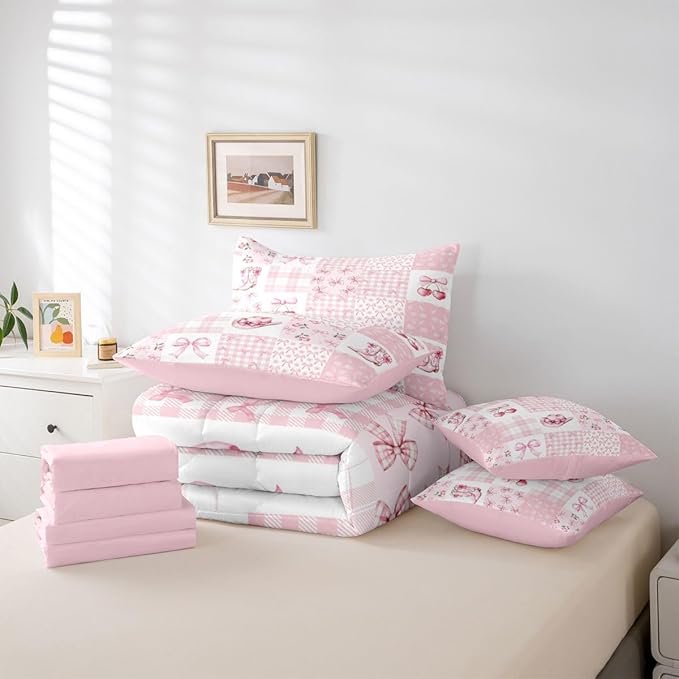 Feelyou Pink Bow Twin Comforter Set with Sheets for Kids Boys Girls Cherry Prints 7 Pieces Bedding Set Cute Bowknot Bed in a Bag Kawaii Room Decor Soft Lightweight Microfiber