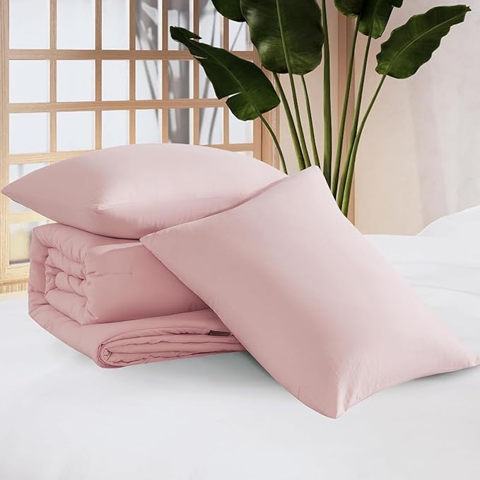 WRENSONGE Full Size Comforter Sets - 3 Pieces Soft Pink Comforter Prewashed Soft Lightweight for All Seasons, Fluffy Down Alternative Comforter Full Size with 2 Pillow Shams
