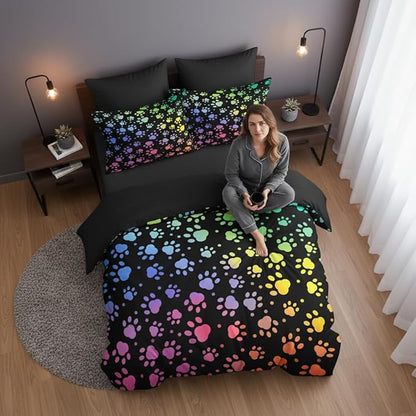 Kids Puppy Paw Prints Comforter Set Twin Size, Gradient Neon Colorful Bedding Set, Cute Animal Printed with 1 Pillowcases, 68''x86''