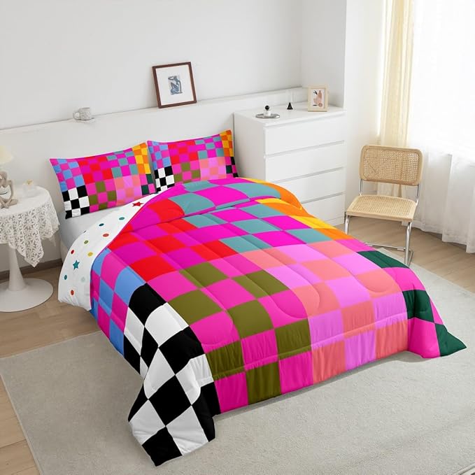 Feelyou Multicolored Checkered Retro Bedding Set Kids Boys Girls Geometric Vintage Comforter Set Queen Size Black Red Purple Duvet Insert Modern Simple Groovy Aesthetic Room Decor