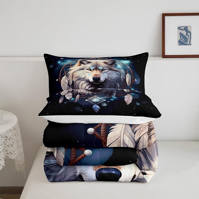 Erosebridal Wolf Dream Catcher Toddler Bedding Set,Indian Wolf Hunting Comforter Set for Kids Boys Girls Room Decor,Boho Exotic Quilt Set Wildlife Safari Bedding Comforter Sets,1 Pillowcase