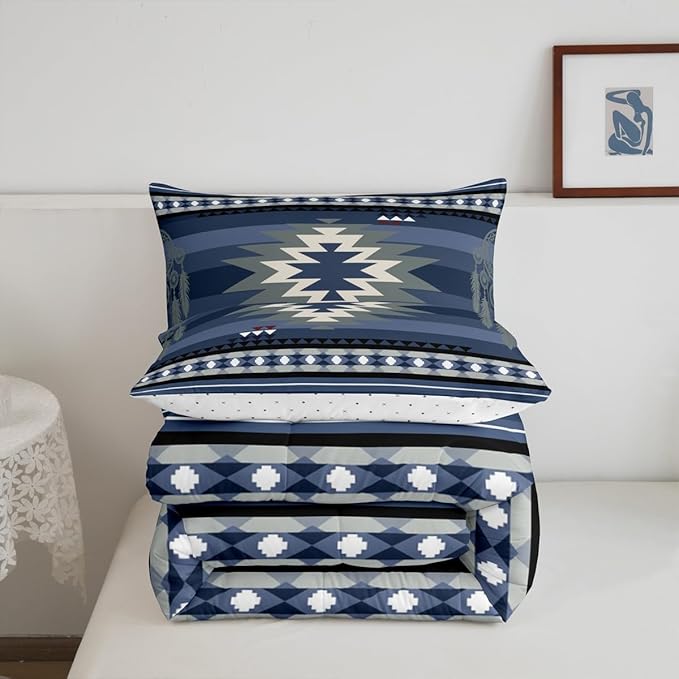 Feelyou Blue Rustic Western Comforter Set Southwestern Aztec Bedding Set Queen Size for Kids Boys Girls Teens Room Decor Boho Geometric Western Horse Comforter Soft Microfiber