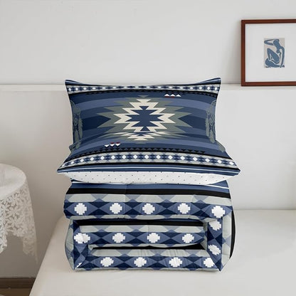 Feelyou Blue Rustic Western Comforter Set Southwestern Aztec Bedding Set Full Size for Kids Boys Girls Teens Room Decor Boho Geometric Western Horse Comforter Soft Microfiber
