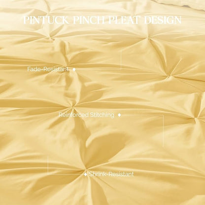 Andency Yellow Pinch Pleat Comforter Queen(90x90Inch), 3 Pieces(1 Pintuck Comforter and 2 Pillowcases) Pintuck Comforter Set, Microfiber All Season Down Alternative Bedding Set