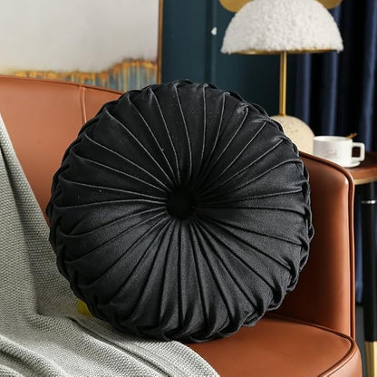 MOCOFO Round Velvet Throw Pillow, Pumpkin Shape Decorative Floor Cushion, Handcrafted Pleated Design, 14 and 16 Inch Diameter, Multiple Colors, Polyester Fill (Red, 14")
