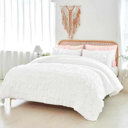 PERFEMET White Ruffle Comforter Set Full Size Multi Layers Ruffled Farmhouse Bedding Set Washed Microfiber Kids Bed Sets for Girls Boho Chic Preppy Bedding Set, 3 Pieces (White,Full)