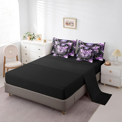 Feelyou Purple Death Moth Bedding Set with Comforter, Boho Moth Comforter King Size 7Pcs Sun Moon Butterfly Bed in a Bag with Comforter, Boho Floral Flat Sheet, Fitted Sheet, Pillowcases Room Decor
