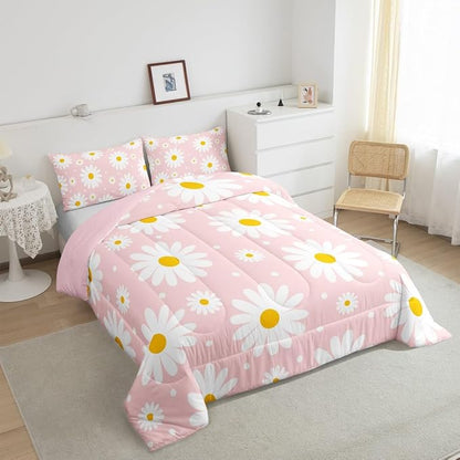 Erosebridal Flower Comforter Set Pink Daisy Floral Girls Toddler Bedding Set Cute Cartoon Flowers Comforter for Kids Teen Women Bedroom All Season,Kawaii Bed Set with 1 Pillowcase