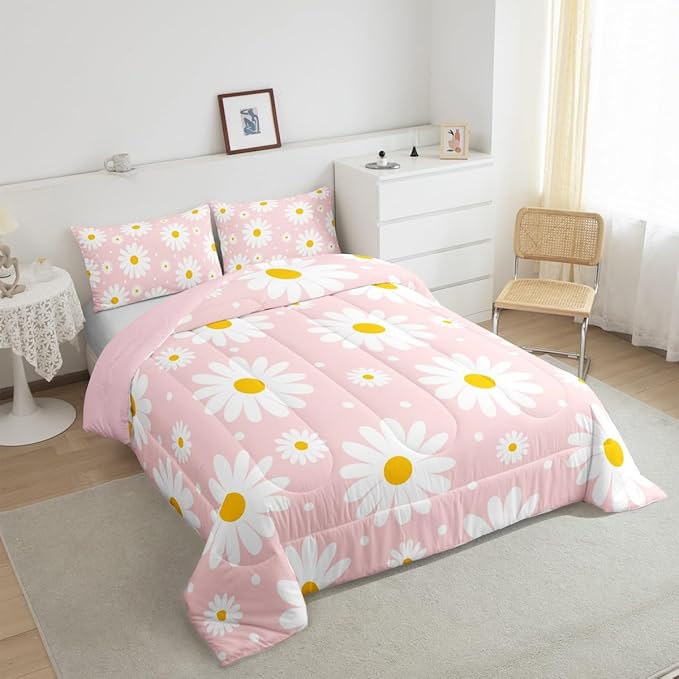 Erosebridal Flower Queen Comforter Set Pink Daisy Floral Girls Bedding Set Cute Cartoon Flowers Comforter for Kids Teen Women Bedroom All Season,Kawaii Bed Set with 2 Pillowcases