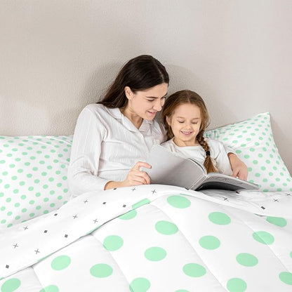 Manfei Green Polka Dots Comforter Set Toddler Size 2 Pcs,Geometric Circles Green White Simple Art Bedding Set,Cartoon Dots French Style Lovely Quilt Set for Child Bedroom,1 Pillowcase