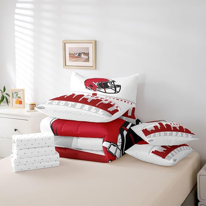 Erosebridal Football City 7 Pcs Comforter Set King Football Bedding Boys Girls Red Grey Rugby Game Sheet Set Bed in A Bag Football Fans Bedroom Decor Sports Ball Competition Quilt