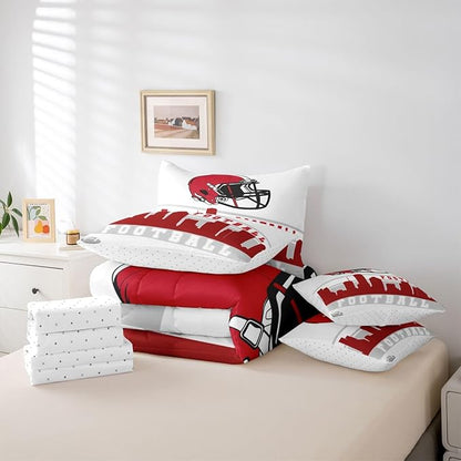Erosebridal Football City 7 Pcs Comforter Set King Football Bedding Boys Girls Red Grey Rugby Game Sheet Set Bed in A Bag Football Fans Bedroom Decor Sports Ball Competition Quilt
