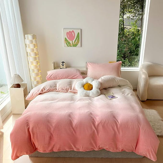 CLOTHKNOW Pink White Velvet Queen Comforter Set Fluffy Bedding Comforter Sets Warm Soft Gradient Pink White Comforter with 2 x Pillow Cases | Soft