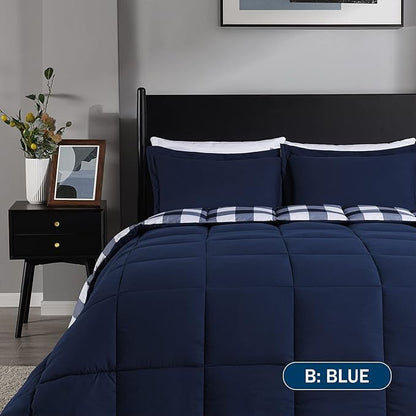 downluxe Lightweight Plaid Comforter Set (Queen) with 2 Pillow Shams - 3-Piece Set - Blue/White Plaid - Down Alternative Reversible Comforter