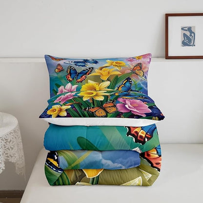 Erosebridal Garden Daffodil Comforter Set Country Farmhouse Bedding Set Queen Colorful Butterfly Floral Bedding Comforter Sets for Kids Girls Adult Spring Blossom Flower Bed Set Rustic Cabin Decor