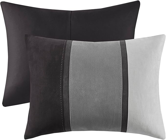 Madison Park Palisades Comforter Set Modern Faux Suede Pieced Stripe Design, All Season Down Alternative Cozy Bedding with Matching Shams, Decorative Pillows, Cal King(104"x92"), Black 7 Piece