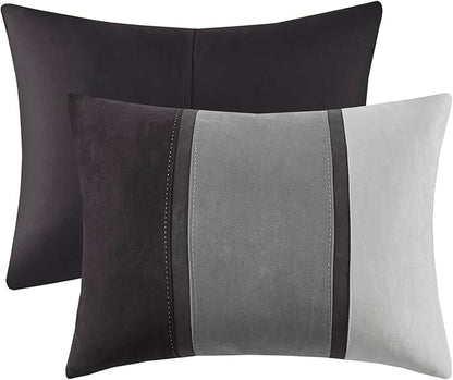 Madison Park Palisades Comforter Set Modern Faux Suede Pieced Stripe Design, All Season Down Alternative Cozy Bedding with Matching Shams, Decorative Pillows, Queen(90"x90"), Black 7 Piece