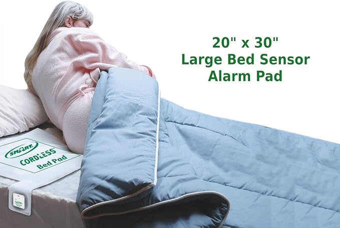 Smart Caregiver Wireless Bed Alarm System - Large Cordless Weight Sensing Bed Alarm Pad (20” x 30”) with Remote Alert Monitor, Free Individual Cleaning Wipes and Liberty 7 Day Pill Box