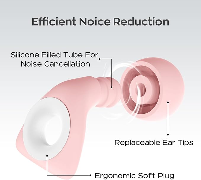 Dison Ear Plugs for Sleeping, Reusable Earplugs for Noise Reduction Silicone Hearing Protection Ear Plugs with 6 Ear Tips Pink