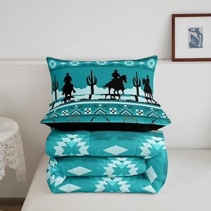 Erosebridal Twin Size Western Comforter Set Longhorn Skull Dream Catcher Boho Bedding Set for Kids Boys Teens Adult Bedroom, Cowboy Horse Western Quilt Southwestern Geometric Duvet Insert, Teal