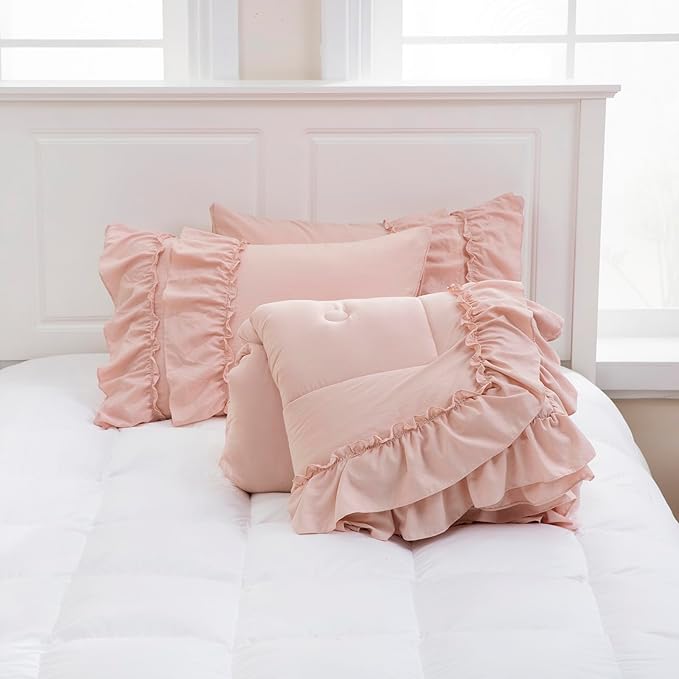 Pink Bedding Comfrter Queen Boho Ruffle Comforter Set Shabby Chic Bedding 2 Layers Ruffles Home Decor Farmhouse Bed Comforter 1 Comforter 2 Pillowcases (Blush, Queen)