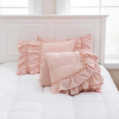 Pink Bedding Comfrter Queen Boho Ruffle Comforter Set Shabby Chic Bedding 2 Layers Ruffles Home Decor Farmhouse Bed Comforter 1 Comforter 2 Pillowcases (Blush, Queen)