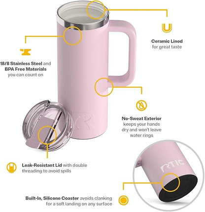 RTIC 20oz Road Trip Travel Mug with Lid and Handle, Ceramic Lined, Insulated, Stainless Steel, Metal, Double Wall Vacuum-Insulation, Portable Coffee, Tea Cup for Hot and Cold Drink, Pale Pink