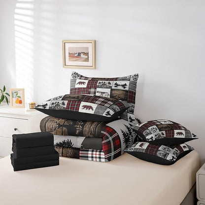 Erosebridal 7 Piece Bear Comforter Set for Teens Boys Girls Buffalo Plaid Check Bedding Sets for Cabin Camping Wild Animal Elk Deer Bed in a Bag Red Christmas Stripes Hunting Theme Quilt,Twin