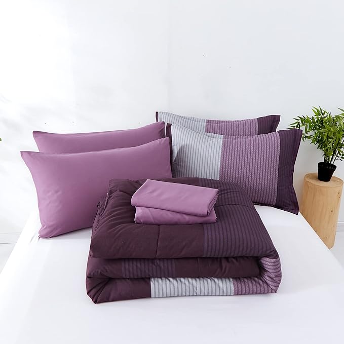 Anibedding Purple Comforter Set Queen 7 Pieces Purple Striped Bed in a Bag, Boho Patchwork All Season Comforter with Sheets, Soft Microfiber Reversible Bedding Set(90"x90")