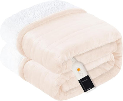 Heated Blanket Electric Throw Soft Flannel Sherpa, 6 Heat Levels Fast Heating, 2 to 10 Hours Auto-Off Detachable Controller Machine Washable, Beige 50"x60"