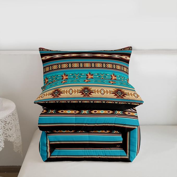 Aztec Bedding Set Ethnic Tribal Arrow Comforter Set,Vintage Southwestern Native Bohemian Quilt Twin,Western Star Duvet Insert Exotic Geometric Diamond Stripes Room Decor,Teal Blue and Brown