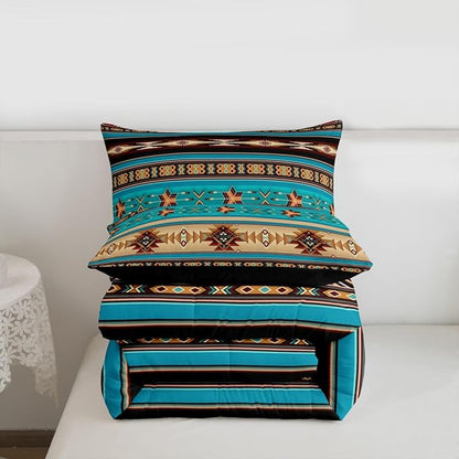 Aztec Bedding Set Ethnic Tribal Arrow Comforter Set,Vintage Southwestern Native Bohemian Quilt Twin,Western Star Duvet Insert Exotic Geometric Diamond Stripes Room Decor,Teal Blue and Brown
