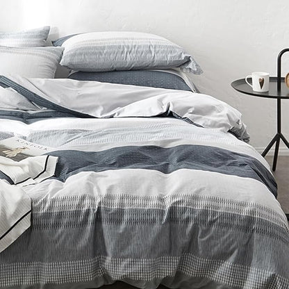 HighBuy Queen Size 3-Piece Striped Comforter Set Navy Blue Grey Gingham Bedding Set Geometric Comforter with 2 Pillowcases Lightweight Bohemian Comforter Set for All Seasons