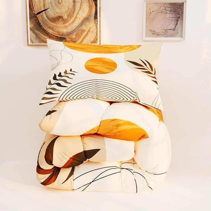 Sun Boho Leaf Comforter Sets for Kids Adults,3D Pattern with Bright Golden Yellow Colors,Decorative Bedding Comforter Sets with 2 Pillow Shams, Twin Size