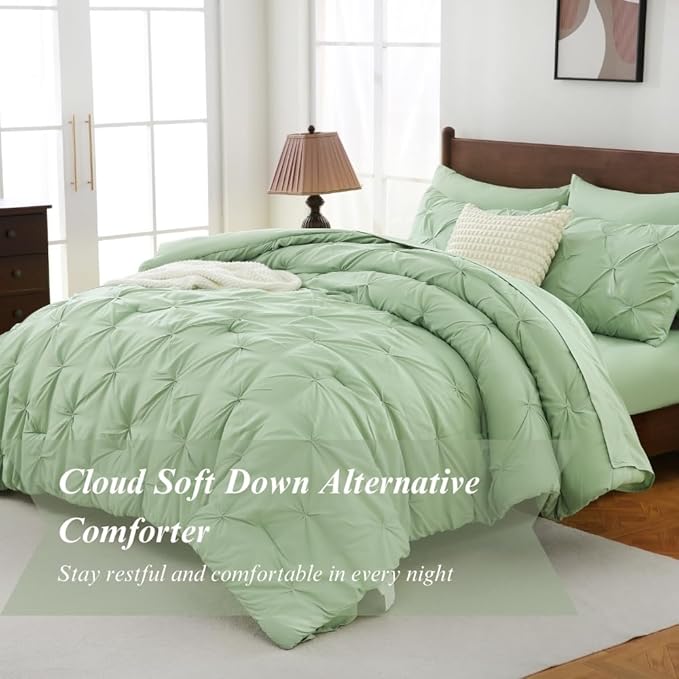 Sheet&Joy Full Size Comforter Set,7-Piece Bed in a Bag Double, Pintuck Bedding Set for All Season, Includes Comforter, Flat Sheet, Fitted Sheet, Pillowcases and Pillowshams, Olive Green