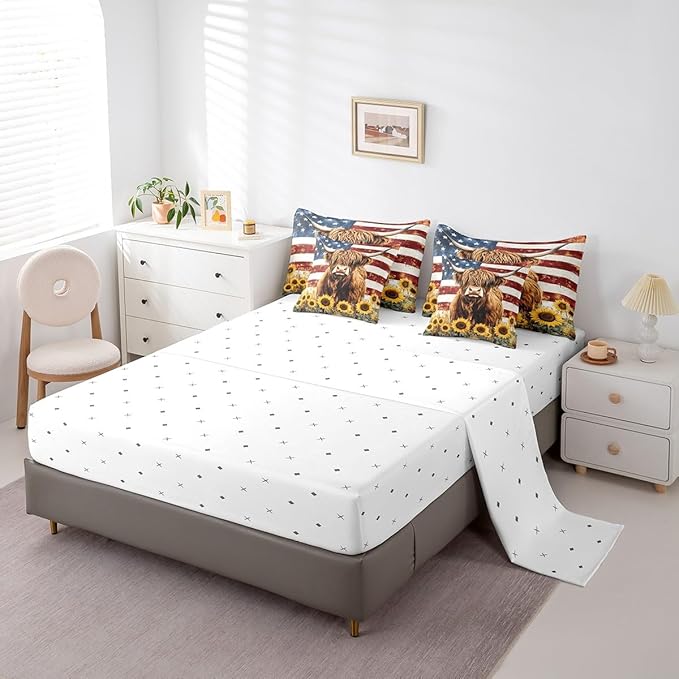 Country Highland Cow Comforter Sets Vintage Retro American Flag Bedding Rustic Farmhouse Animal Sunflower Decor Comforter + Flat Sheet + Fitted Sheet + 2 Pillowcases + 2 Throw Pillow Covers, King