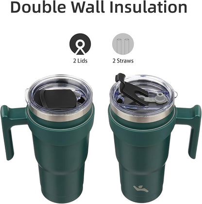 20 oz Tumbler with Handle and 2 Straw 2 Lid, Insulated Water Bottle Stainless Steel Vacuum Cup Reusable Travel Mug,Army Green