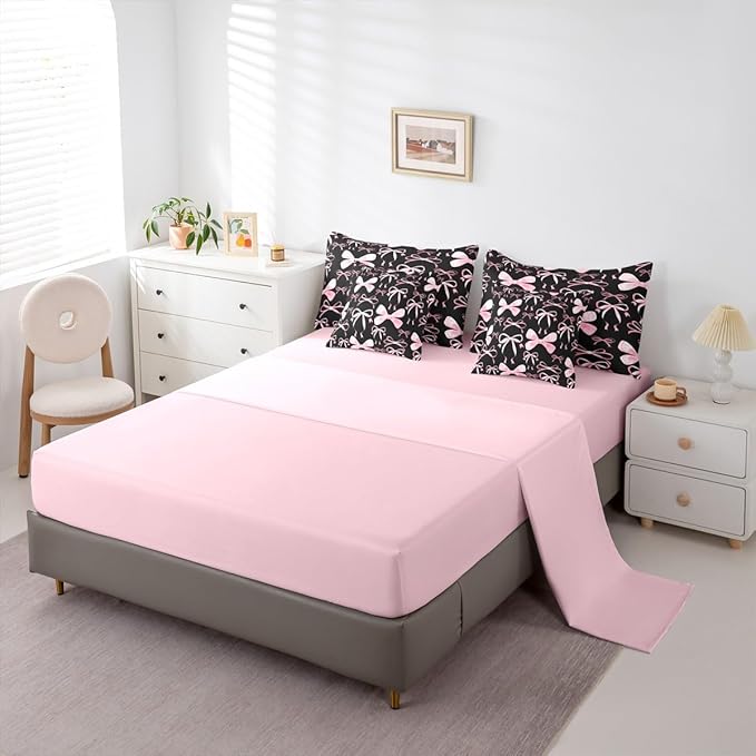 Feelyou Black Pink Bow Twin Comforter Set with Sheets for Kids Boys Girls Cute Bowknot 7 Pieces Bedding Set Kawaii Bed in a Bag Pricess Style Room Decor Soft Lightweight Microfiber