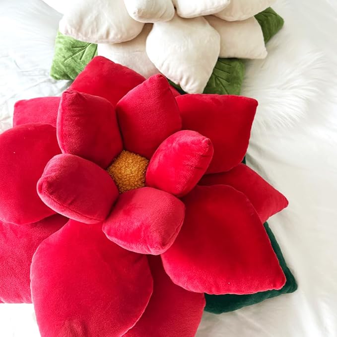 Green Philosophy Co. Poinsettia Plush Throw Pillow - Christmas Red Flower Shaped Accent Cushion | Unique Christmas Decor & Gift