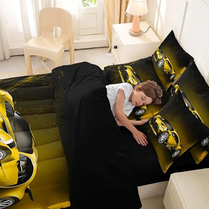 Feelyou Sports Car 7 Piece Bedding Set Yellow Race Car Comforter Set with Sheets for Kids Boys Girls Extreme Sports Bed in a Bag Cool Speed Luxury Car Decor Quilt with 2 Pillowcases King