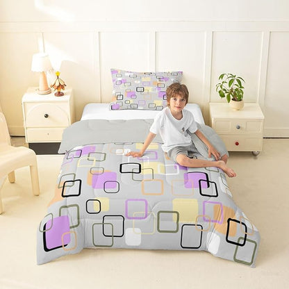Erosebridal Retro Geometric Square Comforter Set Twin Pastel Purple Grey Plaid Bedding Set Modern Abstract Checkerboard Comforter for Kids Girls Boys Checkered Latticed Quilt Duvet