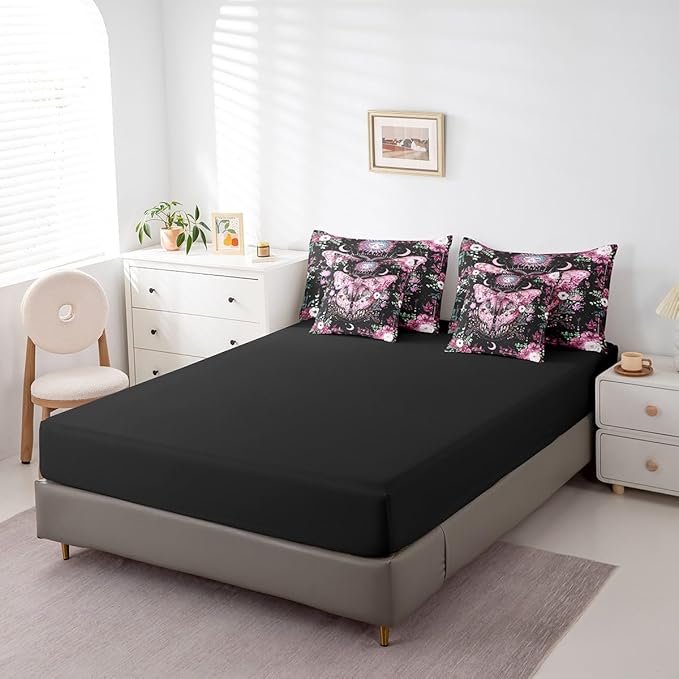 Feelyou Pink Purple Death Moth Bedding Set with Comforter, Boho Moth Comforter King Size 7Pcs Sun Moon Butterfly Bed in a Bag with Comforter, Boho Floral Flat Sheet, Fitted Sheet, Pillowcases
