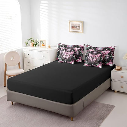 Feelyou Pink Purple Death Moth Bedding Set with Comforter, Boho Moth Comforter Full Size 7Pcs Sun Moon Butterfly Bed in a Bag with Comforter, Boho Floral Flat Sheet, Fitted Sheet, Pillowcases
